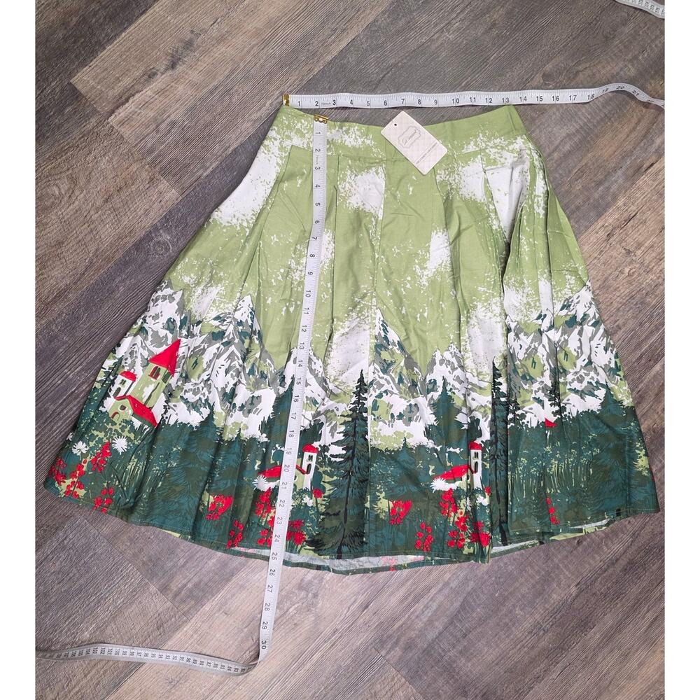 Dressoar Green Alpine Village Mountain Scene Pleated A-Line Skirt Size M NWT - Picture 2 of 7